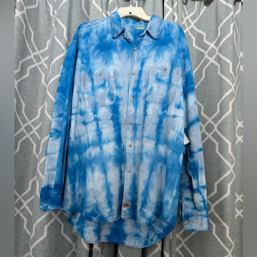 County Seat, men’s denim shirt, XL, bleached and Shibori dyed cerulean blue